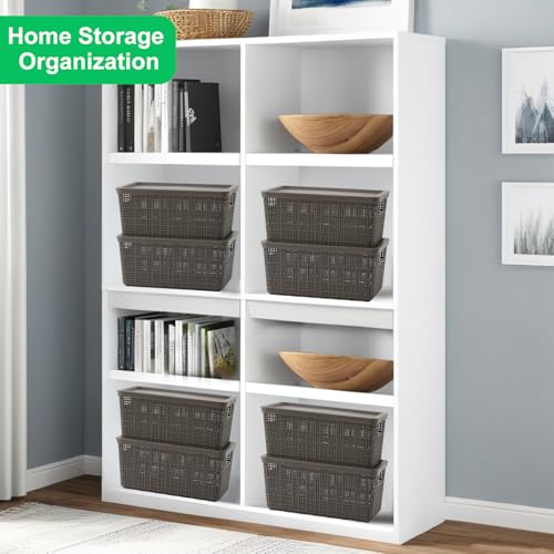 6 Pack Plastic Storage Baskets with Lid,Grey Stackable Bins - color: Grey