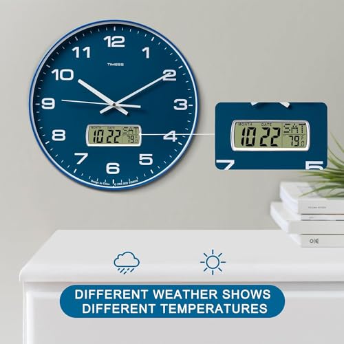 TIMESS 12-Inch Non-Ticking Analog Wall Clock with LCD Display, Blue - color: Blue, size: 12 Inch