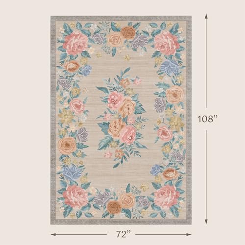 Beige Floral Washable 6x9 Area Rugs for Living Room, Non Slip Low Pile Rose Carpet for Bedroom,Vintage Flower Border Indoor Carpet, Pastel Cottage Rug for Nursery Dining Room Office, Stain Resistant - color: Warm Beige, size: 6' x 9' (Rectangular)