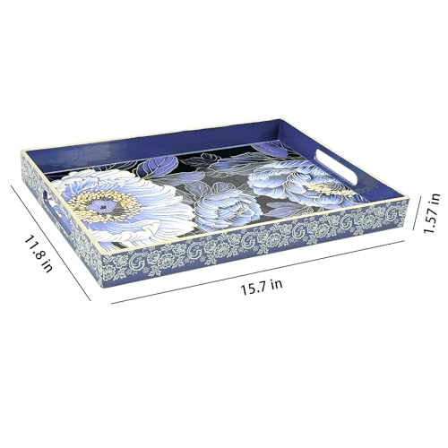 Serving Tray with Handles, 15.7 * 11.8 inches, Plastic Ottoman Tray with Exquisite Paintings, Trays for Coffee Table - color: Blue Peony