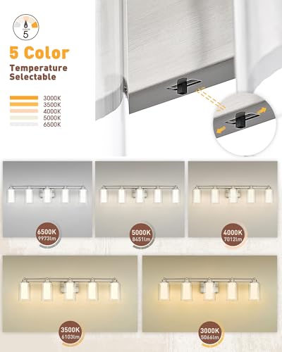 HWH 6-Light Bathroom Vanity Light, Clear Glass Shade, 5HLT63B-6W-LED BN - color: Brushed Nickel + LED, size: 6 Lights