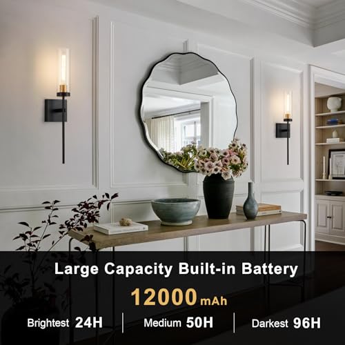 SANTOSTOCK Battery Operated Wall Sconce Set of 2, Black & Gold Wireless Sconces Wall Decor, Rechargeable Wall Lights for Bedroom Living Room Entryway Bathroom Hallway Stairwell - color: Black Long Rod & Clear Glass, size: Battery 16 Inch