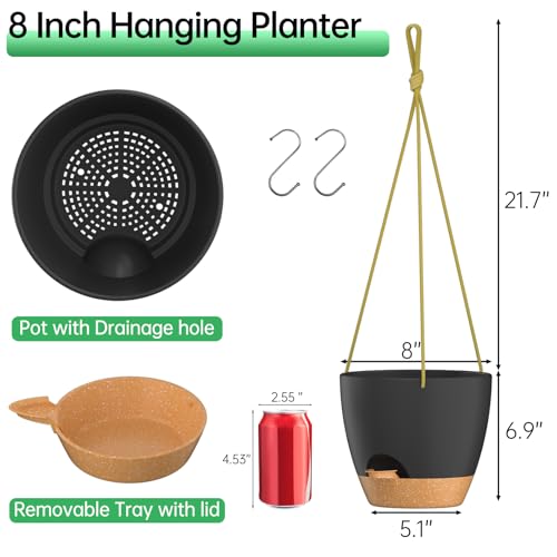 ZMTECH 8 Inch Hanging Planters for Indoor Outdoor Plants, 2 Pack Self Watering Hanging Plant Pots with Drainage Holes and Removable Saucer, Plastic Flower Hanging Pots with Watering Lip (Black) - color: Black, size: 8 Inch