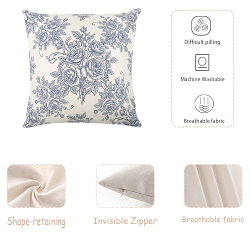 Blue Line Sketch Vintage Rose Floral Linen Pillow Cover 18x18 Inch Set of 2 Classic Farmhouse Decor, Insert Not Included - color: White-blue Classic