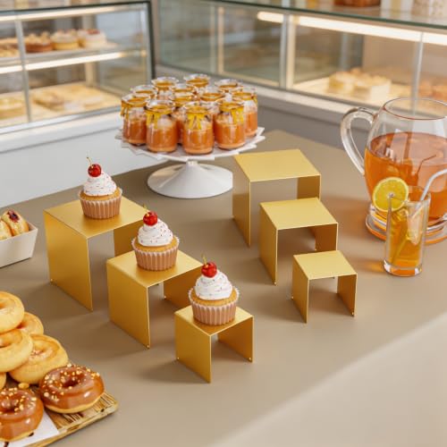 Display Stand & Risers, 6 Pcs Set Metal Rectangular Cupcake Stands - color: Gold, size: 3", 4", 5"
