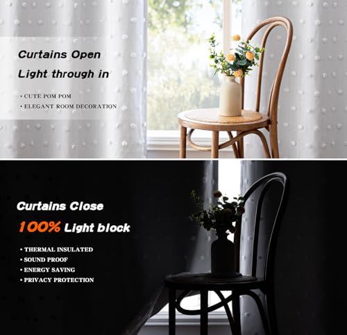 MYSKY HOME Blackout Curtains for Kids Bedroom 100% Light Block Out Thermal Insulated Curtain 72 Inches Grommet Room Darkening Curtains Privacy Window Drapes with White Pom Pom Sheers?2 PCS, 50" x 72" - color: White Pom Pom, size: 50"W x 72"L (Pack of 2)