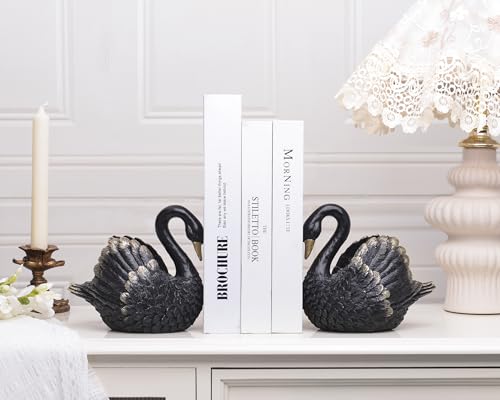 Swan Decorative Bookends,Resin Book Ends for Shelves,Unique Black Book Holders,Heavy Duty Swan Decor for Home Office Desk Bookshelf,Set of 2,Gifts for Anniversary - color: Black