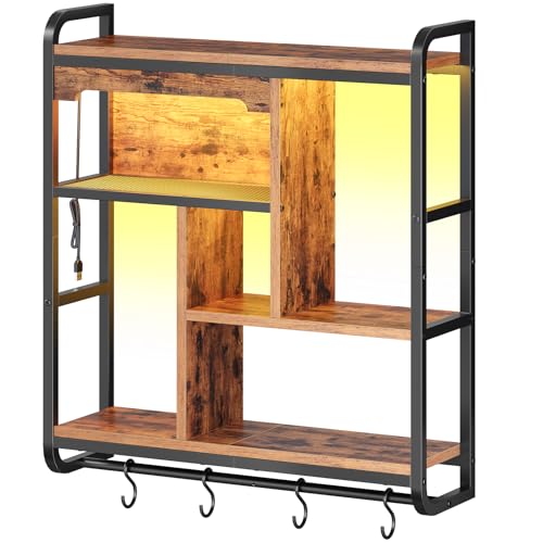 HOOBRO Gaming Floating Shelves for Wall, 26.4" LED wall Shelf Display Rack - color: Rustic Brown + Black