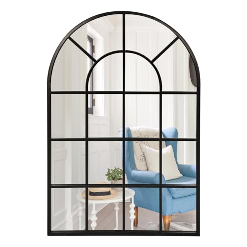 Black Window Wall Mirror, 24" x 36" Arched Window Pane Mirror - color: Black, size: 36"L x 24"W