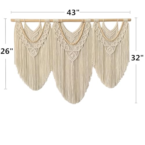 Large Macrame Wall Hanging, Boho Tapestry, 43"x32", Wood Bead Fringe - color: Beige-Wood Bead