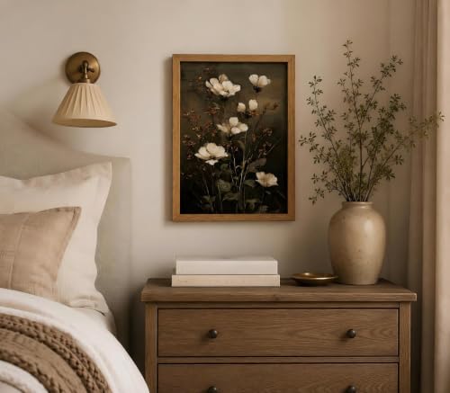 Framed Vintage Dark Floral Wall Art,Dark Moody White Still Life Painting Picture Wall Decor,Retro Rustic Flower Poster Print Artwork,for Living Room Bedroom Bathroom Home Decoration - color: Flowers, size: 16"L x 12"W