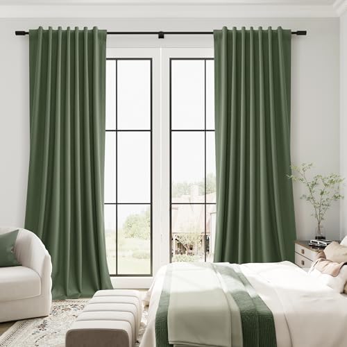 Guken Olive Green 100% Blackout Linen Curtains 94 Inches Long 2 Panels Back Tab Hook Belt Country Farmhouse Black Out Room Darkening Thermal Insulated Noise Reducing Curtain Living Room Bedroom 52x94 - color: Olive Green, size: 52"W x 94"L (Pack of 2)