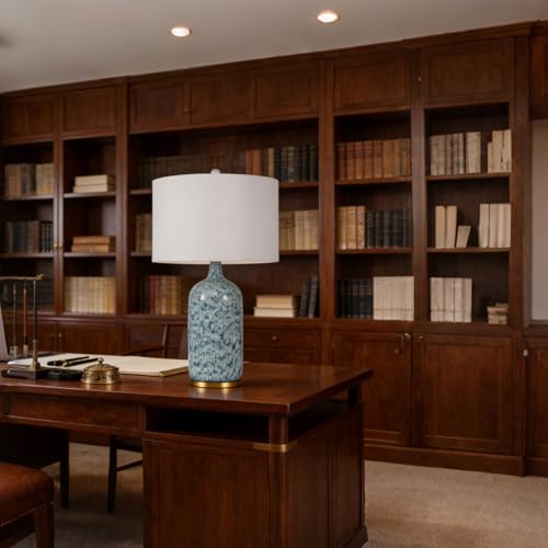 Modern Farmhouse Ceramic Table Lamp, 26" Tall Blue & White Kiln Glaze Bedside Lamp with Linen Shade, Contemporary Accent Lamp for Living Room Bedroom - color: Blue