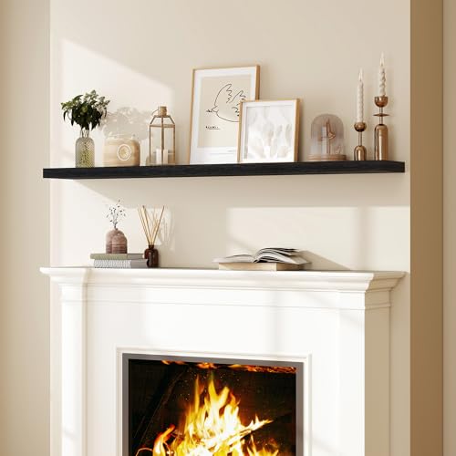 Fun Memories 66 Inch Fireplace Mantel Shelf with Invisible Bracket, 8 Inch Deep Floating Shelf for Living Room, Kitchen, Farmhouse, Black (2-Pack) - color: Black, size: 67"L x 8"D