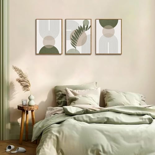 Boho Sage Green Abstract Framed Canvas Wall Art Set of 3, 16x24 inch - color: Sage Green, size: 16"x24"Natural