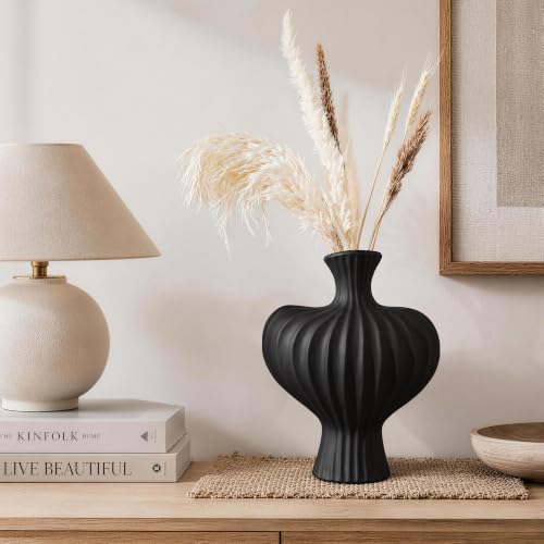Ceramic Flower Vase Home Decor, 11 in Farmhouse Table Vases Rustic Vintage Living Room Kitchen Bedroom Decorations Pottery Decorative Vases for Flowers House Shelf Coffee Desk Dining Fireplace, Black - color: 11 in - Rustic Black