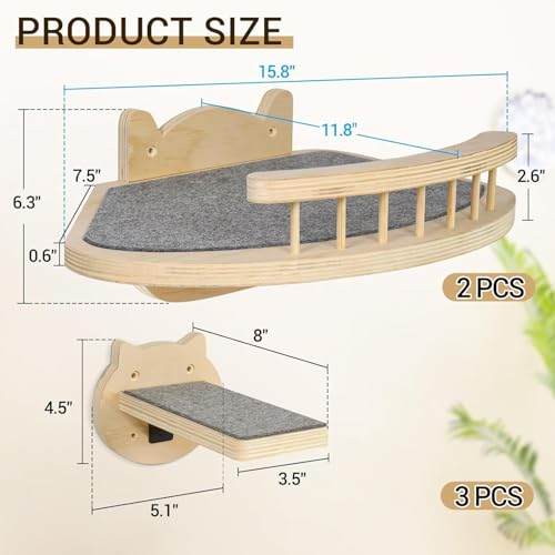 Cat Wall Shelves Furniture Set with Scratching Pad,Wooden Cat Climbing Wall Systems with 2 Perches and 3 Steps, Floating Shelves Bed Wall Mounted for Indoor Fit Up to 15Lbs (Burlywood) - color: Burlywood