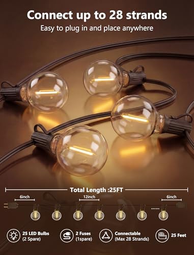 25FT LED G40 Outdoor String Lights with 25 Shatterproof Bulbs, Brown Wire - color: Brown, size: 25Ft