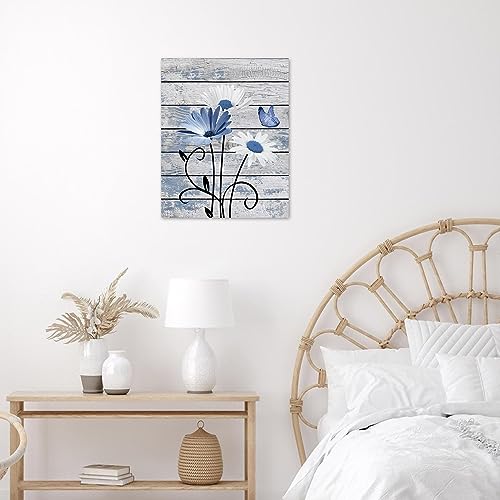 HVEST Farmhouse Floral Wall Art for Living Room, Blue and White Daisy Flower and Butterfly on Rustic Wood Board Canvas Wall Art Framed Artwork Ready to Hang for Bathroom Bedroom Decor, 16L X 12W - color: Blue, size: 16"L x 12"W