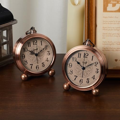 FLOITTUY 4.5" Battery Operated Antique Retro Analog Metal Alarm Clock, Silent Bedside Desk Clock, Wall-Hanging Vintage Clock(Vintage Bronze) - color: Vintage Bronze