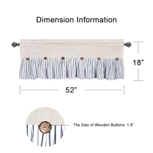 DOSLY Ides Farmhouse Rustic Cotton Valance Curtain, Navy Blue Striped Pleated Design with Coconut Buttons, Multi-Room Window Treatment for Kitchen Living Room Bedroom, 52x18 Inch - color: Linen & Blue Striped, size: 52"W x 18"L (Pack of 1)
