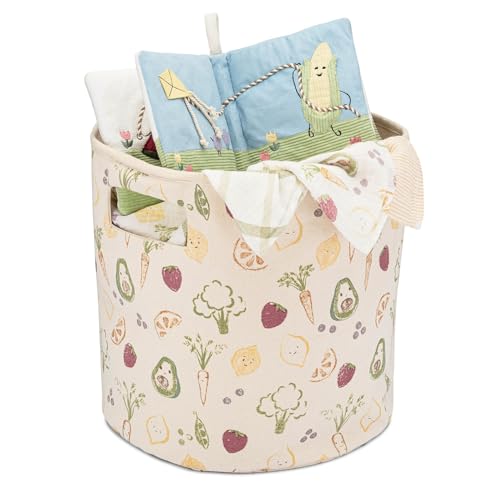 Crane Baby Clementine Canvas Storage Bin, Nursery Hamper and Baby Storage Basket for Toys, Clothes, and Diapers, Toy Baskets, Fabric Nursery Basket, Garden Fruits and Veggies Print, 13" x 12" - size: 13 x 12 Inches, style: Fruits & Veggies