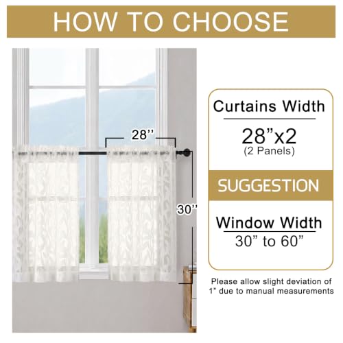 OWENIE Leyna Ivory Sheer Curtain 30 Inch Length Cafe Curtains 2 Panels - color: Ivory, size: 2x28x30"