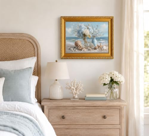 Coastal Bathroom Wall Art Gold Framed Blue Floral Beach Decor 12x16 inch - color: Coastal, size: 16"L x 12"W