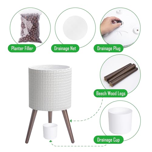 D'vine Dev Planter Pot with Wood Stand, 12 in, Matte White, 88-Z-C-1 - color: Matte White, size: Large