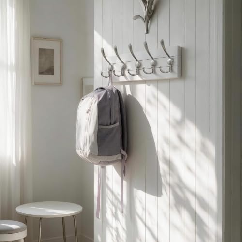 SKOLOO Matte White Solid Wood Wall Mounted Coat Rack, 5 Hooks, 17" Long - Kitchen, Mudroom, Entryway, Bathroom - Includes Mounting Hardware, Wall Coat Hanger, Towel Rack - color: White Plates & Nickel Hook, size: 1 Item-5 Hooks