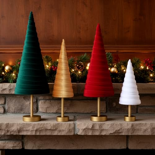 Hoolerry 4 Pcs Christmas Velvet Trees with Gold Pedestal, Classic Xmas - color: Classic Xmas