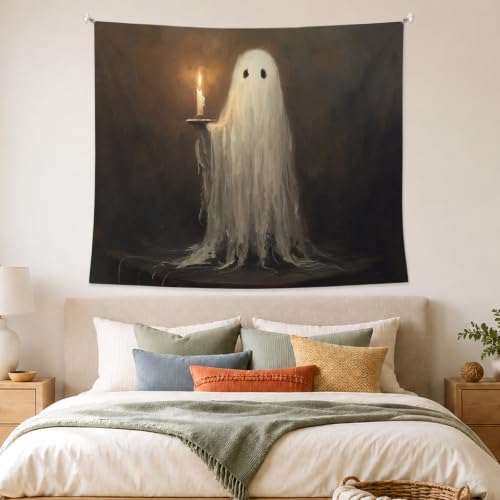 AHNWICNR Ghost Halloween Tapestry, Dark Moody Cute Ghost Wall Hanging Decor - color: Ghost Candle