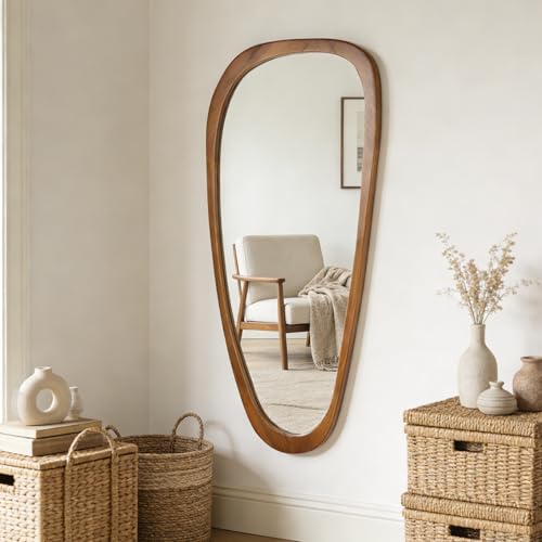 Irregular Asymmetrical Wall Mirror Full Length, 48"x22" Wooden Framed - color: Wood, size: 48"L x 22"W