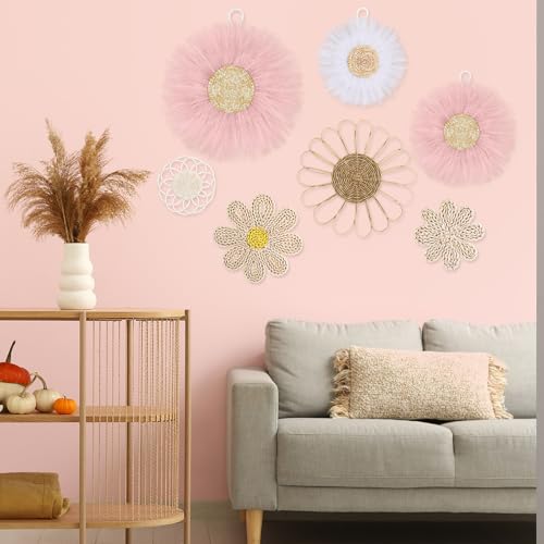 Chunful 7 Pcs Boho Wall Basket Decor Rattan Flower, Pink - color: Pink