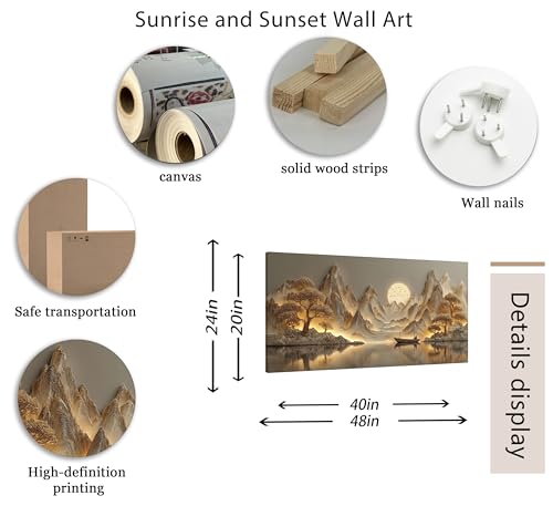 3D Texture Large Landscape Sunrises Sunset Canvas Wall Art Abstract Mountains Lake Tree Painting Picture Wall Decor Modern Nature Scenery Poster Print Artwork for Living Room Office Home Decoration - color: Sunrise and Sunset, size: 40"L x 20"W