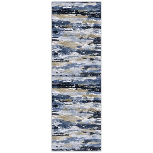 Abstract Washable 2x6 Runner Rug Non Slip Runners for Hallway - color: Navy / Blue / Taupe, size: 2' x 6' (Runner)