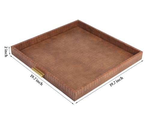 HofferRuffer Elegant Decorative Serving Tray, 20"x20" Square Faux Leather Ottoman Tray with Gold Hardware Handles, Coffee Table Serve Tea Coffee or Breakfast (Antique Brown) - color: Antique Brown, size: 20" x 20" x 2"