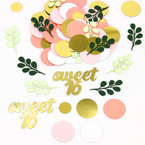 300PC Pink and Sage Green Sweet 16 Party Decorations for Girls 16th Birthday Confetti Sweet 16 Table Decorations Dots Eucalyptus Scatters for Sixteen Birthday Party Decor Supplies - style: Pink Sweet 16 Confetti
