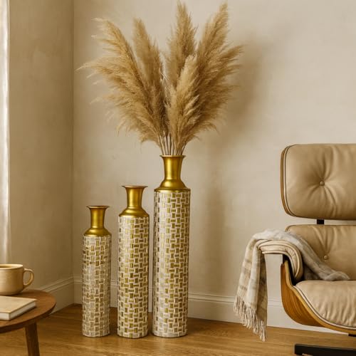 Leewadee Set of 3 Large Floor Vases Metal for Pampas Grass - color: Gold, White