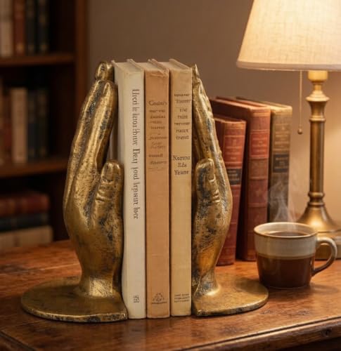 Hand Bookends Decorative, Heavy Duty Cast Iron Book Holder, Prayer Hand Book Ends for Shelves Living Room Home Decor Office, Antique Gold, 1 Pair/2Pieces