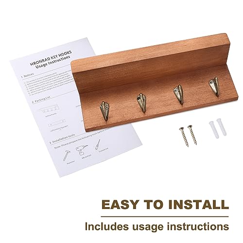 Key Holder Wall Mount, Farmhouse Wall Shelf with 4 Hooks for Entryway - color: Brown - Oak