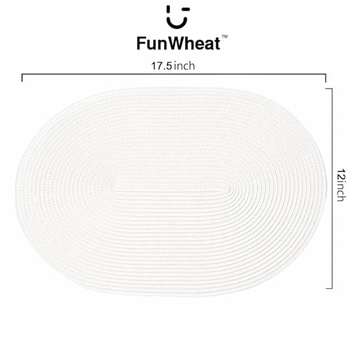 FunWheat Oval Braided Placemats Set of 6 Table Mats for Dining Tables Woven Washable Non-Slip Shining Place mats12x17.5 Inch Table mats for Indoor Outdoor Use((Oval White, 6pcs) - color: White, size: 6pcs