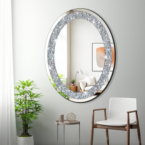 DMDFIRST Crystal Crushed Diamond Oval Shaped Silver Mirror Glam Bling for Wall Decoration 24x32x0.9inch Frameless Wall Hang Sparkly Glass Mirror Stunning Stylish Fashion Home Decor Decorative Mirror - size: 32"L x 24"W