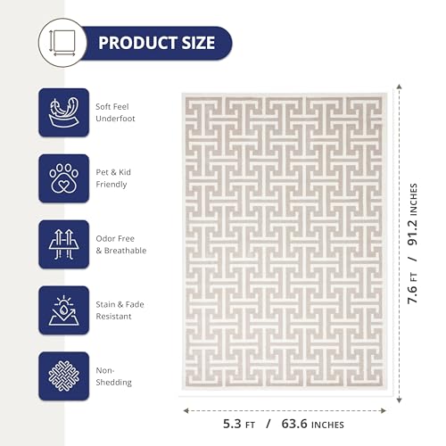Abani Contemporary 3D Beige & White Modern Greek Key Pattern Area Rug - Geometric Meander 5'3" x 7'6" Arto Collection Neutral Rug Rugs - color: Beige Cream, size: 5'3"x7'6"