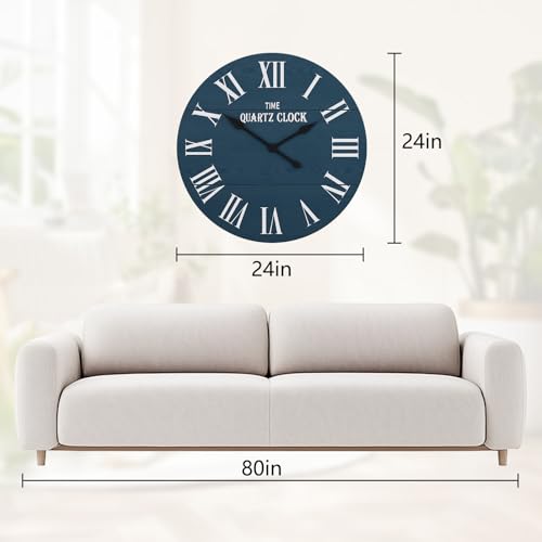 ARTPOWER 24" Extra Large Farmhouse Wall Clock,Solid Wood Veneer,Blue - color: Blue, size: 24"W x 24"H