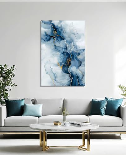 Large Blue Abstract Canvas Wall Art - Blue and Gold Textured Pictures Gray and White Painting Contemporary Art Modern Abstract Wall Decor Framed for Living Room Ready to Hang(Art-1,28.00x42.00 inch) - color: Art-1, size: 42"L x 28"W