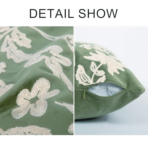 Floral Block Embroidered Faux Fur Pillow Cover 18x18, Boho Floral Herons Decorative Soft Fluffy Pillow Cushion Case,Modern Home Decor for Outdoor Couch Bedroom Car Green