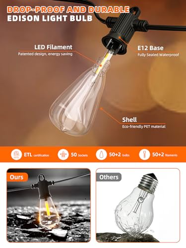 Kawaya ST38 Solar Outdoor String Lights 100FT for Patio Garden Porch Bistro - size: 100FT New