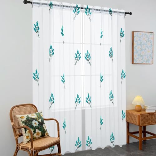 Floral Sheer Curtains Embroidered Lavender Patterned Semi-Sheer Curtain 63 Inches Long 2 Panels Rod Pocket Spring Voile Drapes for Living Room, Bedroom(W52 x L63 Inch, White&Peacock Blue) - color: Peacock Blue, size: 52"W x 63"L (Pack of 2)