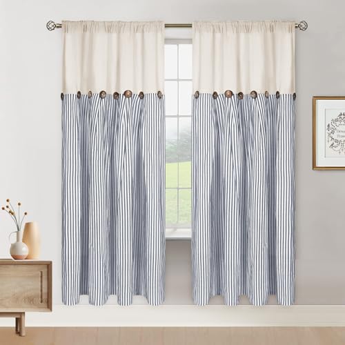 ASPMIZ Cotton Linen Farmhouse Curtains Boho Rustic Button Drapes, Linen Window Curtain Panels, Blue Stripe Country Curtains for Bedroom Living Room, Modern Rod Pocket Curtain 52 x 63 Inch, 2 Panels - color: Beige&blue, size: 52"W x 63"L (Pack of 2)
